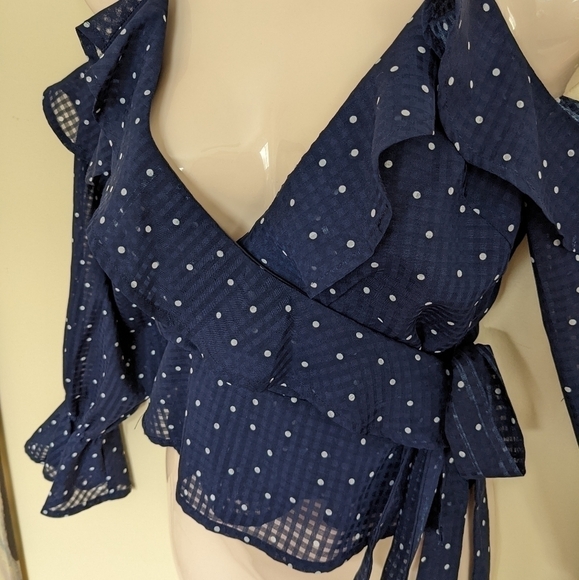 RUNAWAY polka dot blue and white off the cold shoulder ruffled wrap top blouse s - Picture 8 of 16